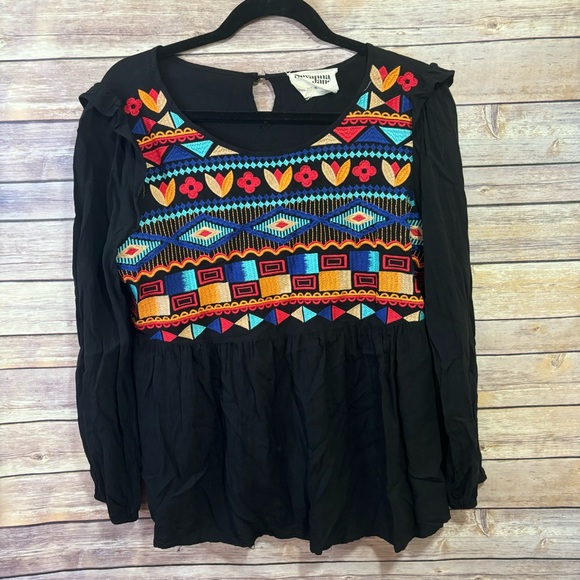 Savanna Jane Tops - Savanna Jane Medium Embroidered Geometric Shirt Black Multicolor F2